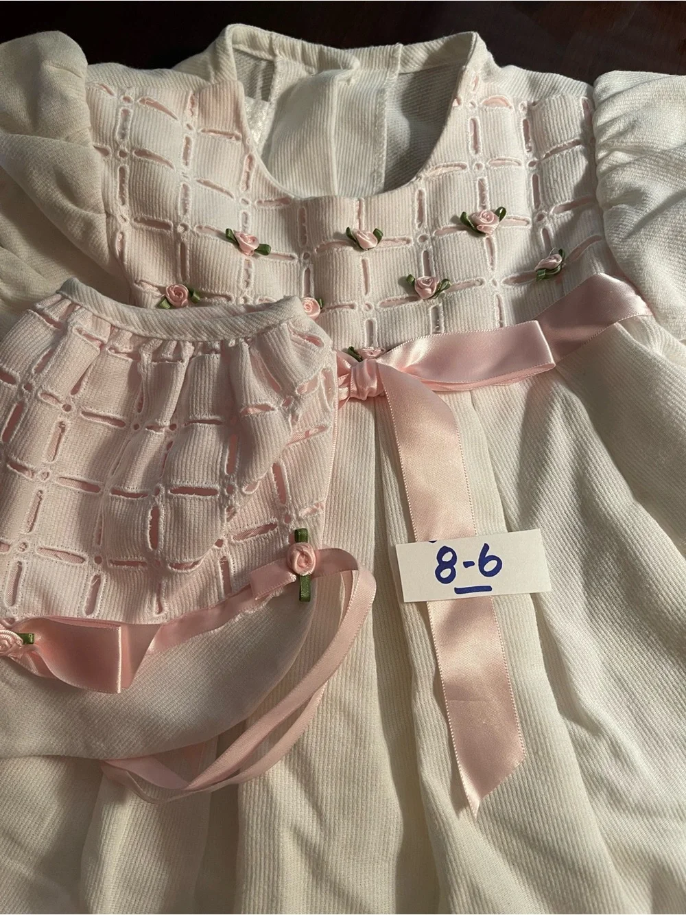 Bonnie Baby White Dress with Pink Ribbon Trim and Bonnet Girls Baby Size 24mo